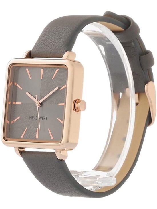 Nine West Women\'s Grey Rose Gold Analog Quartz Faux Leather Strap Square Watch